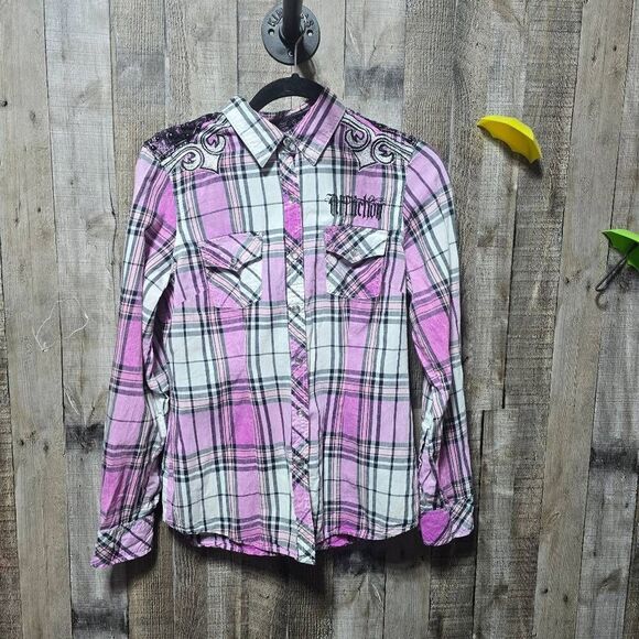 Affliction Pink Plaid Acid Wash Embroidered Rhinestone Snap Button Down Shirt - Picture 1 of 6
